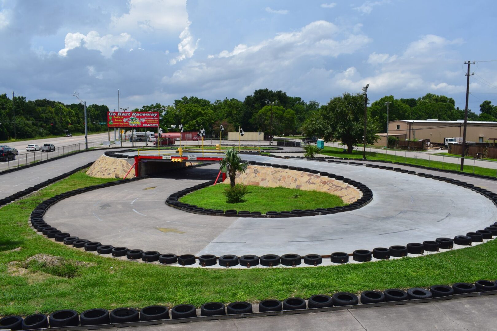 Complete view of go kart racing track with bumpers and underway